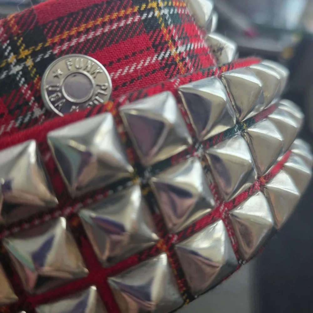 Funk Plus Red Plaid Tartan Triple Row Pyramid Stud Belt Made in USA Punk Small
